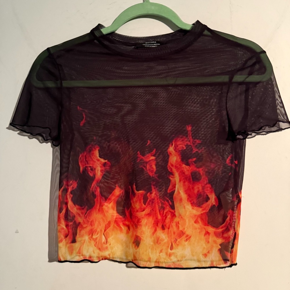Y2K Bershka XS Grunge Flame Print Sheer Mesh Top Lettuce Trim‎ Punk Goth Cropped